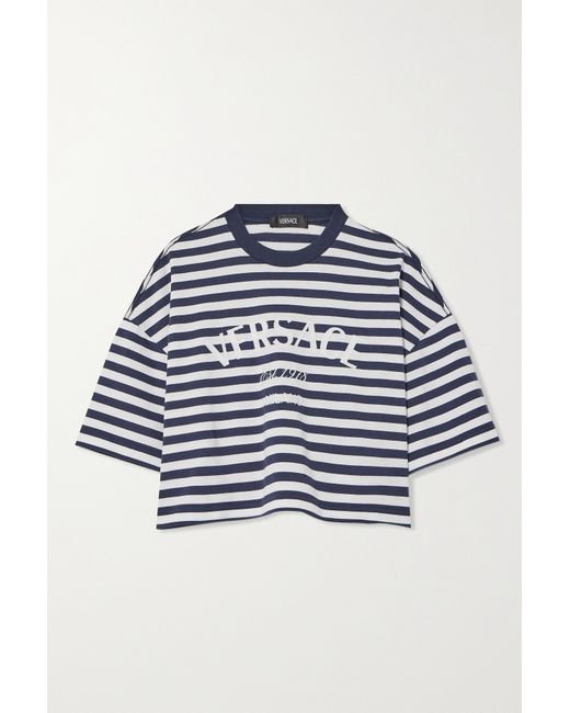 Versace Cropped Embroidered Striped Cotton-jersey T-shirt Navy
