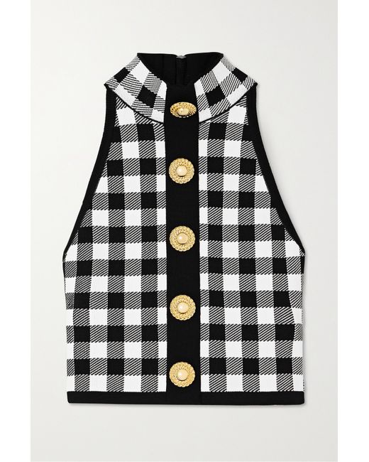 Balmain Cropped Button-embellished Gingham Knitted Top