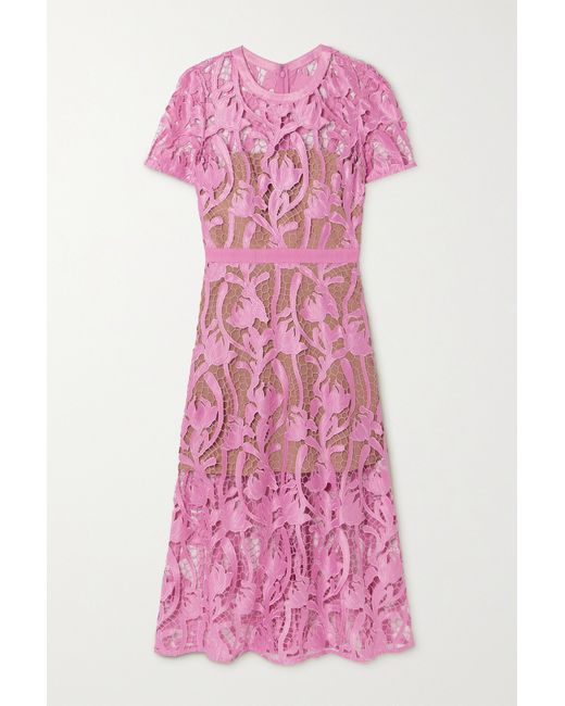 Self-Portrait Grosgrain-trimmed Embroidered Satin And Guipure Lace Midi Dress