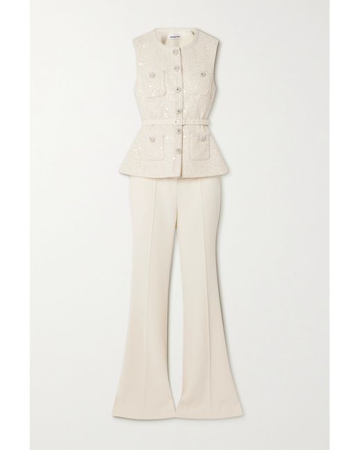 Self-Portrait Convertible Belted Embellished Metallic Bouclé-tweed And Crepe Jumpsuit