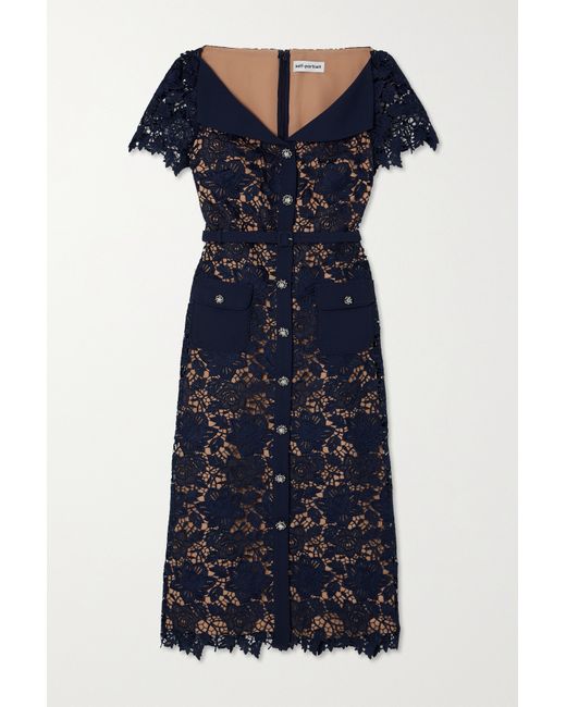 Self-Portrait Belted Crystal-embellished Guipure Lace Midi Dress Navy