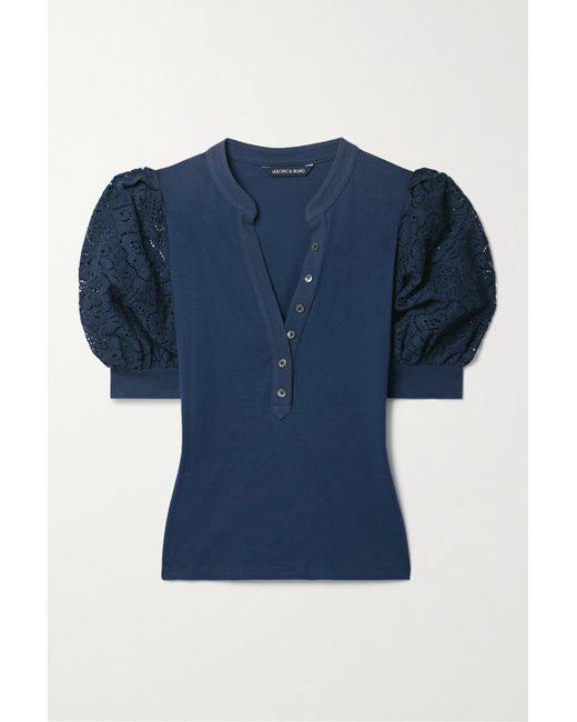 Veronica Beard Coralee Lace-trimmed Cotton-jersey Blouse Indigo