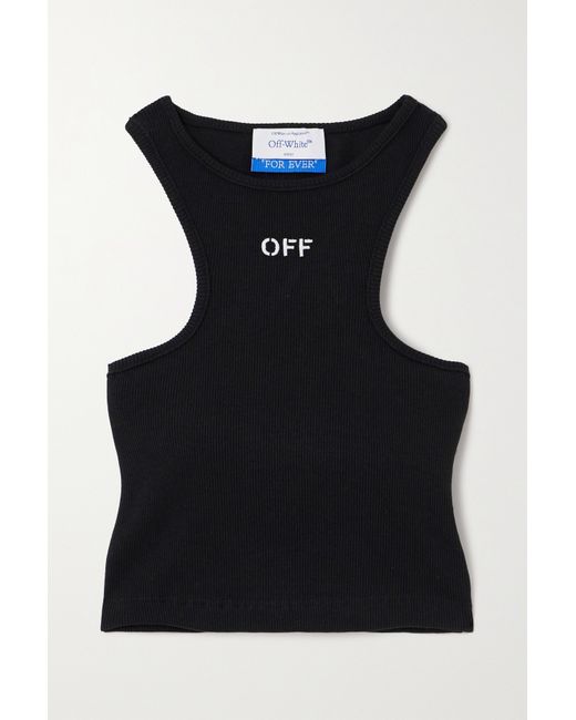 Off-White Cropped Embroidered Ribbed Stretch-cotton Jersey Tank