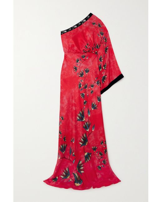 Saloni Lily One-shoulder Embellished Velvet-trimmed Silk-jacquard Maxi Dress