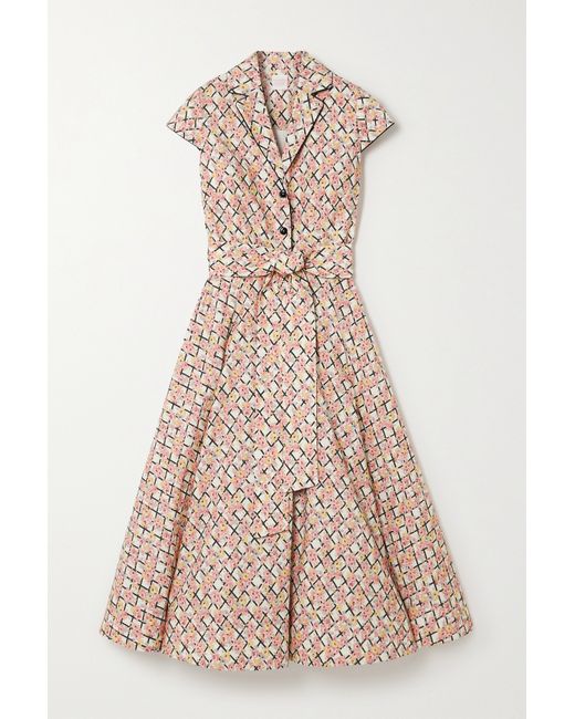 Loretta Caponi Net Sustain Zoe Belted Piped Floral-print Cotton-poplin Midi Dress
