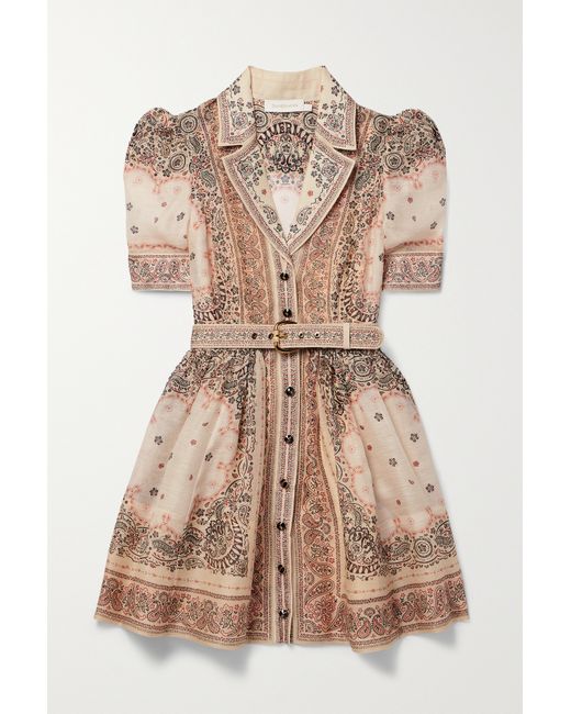 Zimmermann Matchmaker Belted Paisley-print Linen And Silk-blend Mini Dress