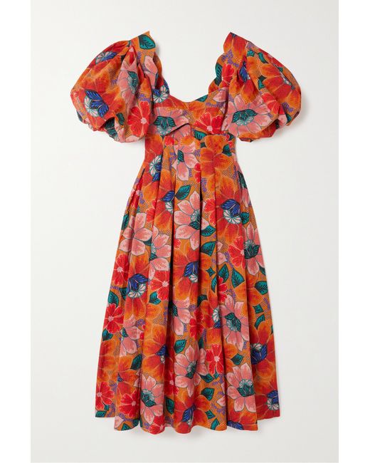 Farm Rio Marias Cutout Pleated Floral-print Cotton Midi Dress