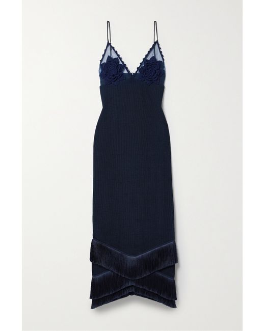 Patbo Crochet And Tulle-trimmed Fringed Stretch-ponte Maxi Dress Navy