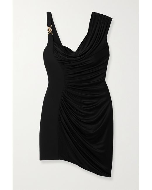 Versace Asymmetric Embellished Draped Jersey Mini Dress