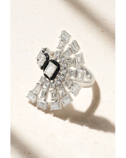 Kamyen Fan 18-karat White Diamond And Enamel Ring