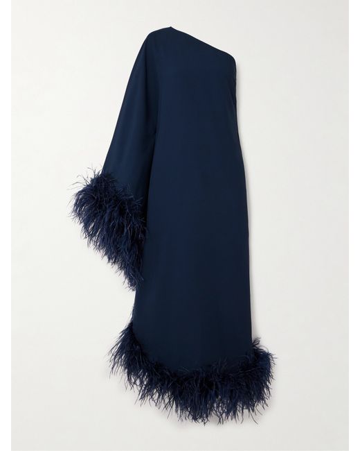 Taller Marmo Ubud One-shoulder Feather-trimmed Crepe Maxi Dress Navy