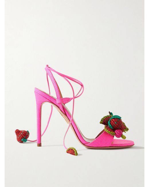 Aquazzura Strawberry Punch Embellished Raffia Sandals Bright