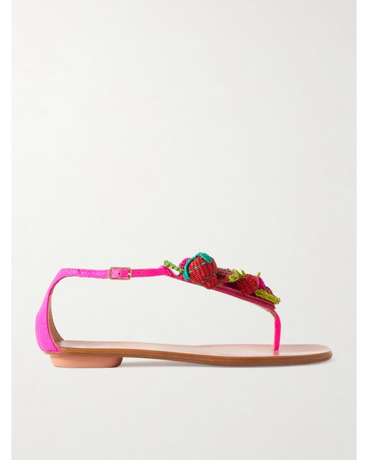 Aquazzura Strawberry Punch Embellished Woven Raffia Sandals Bright