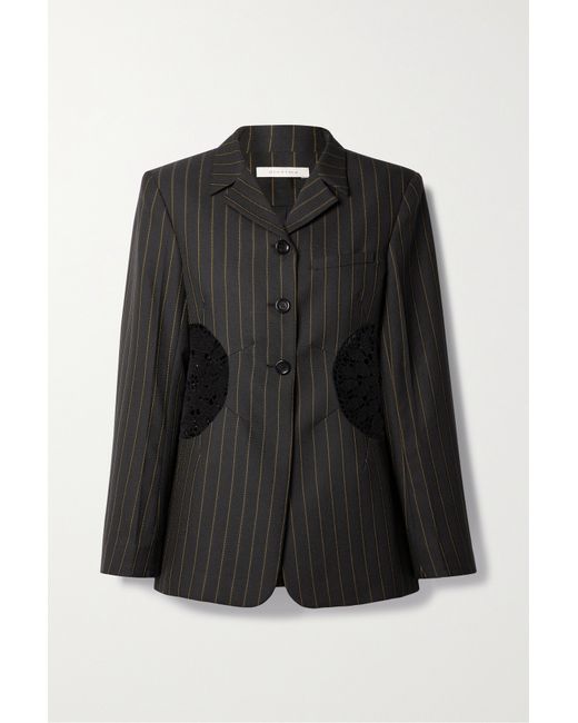 Diotima Long Tower Crochet-trimmed Pinstriped Crepe Blazer