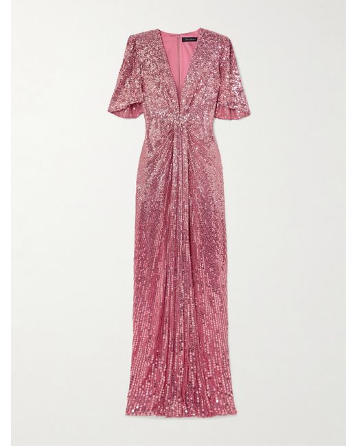Jenny Packham Gathered Crystal-embellished Sequined Tulle Gown Antique rose