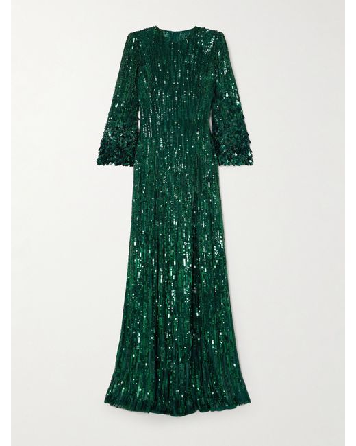 Jenny Packham Nymph Embellished Sequined Tulle Gown Forest