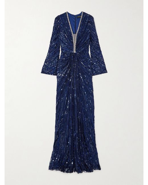 Jenny Packham Darcy Crystal-embellished Sequined Tulle Gown Navy