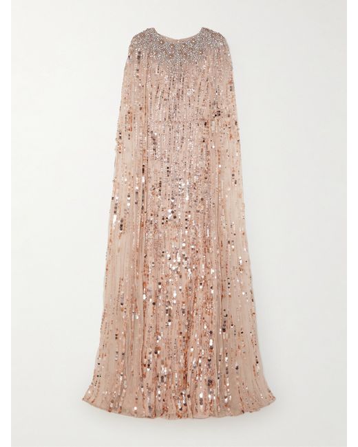 Jenny Packham Cape-effect Embellished Sequined Tulle Gown