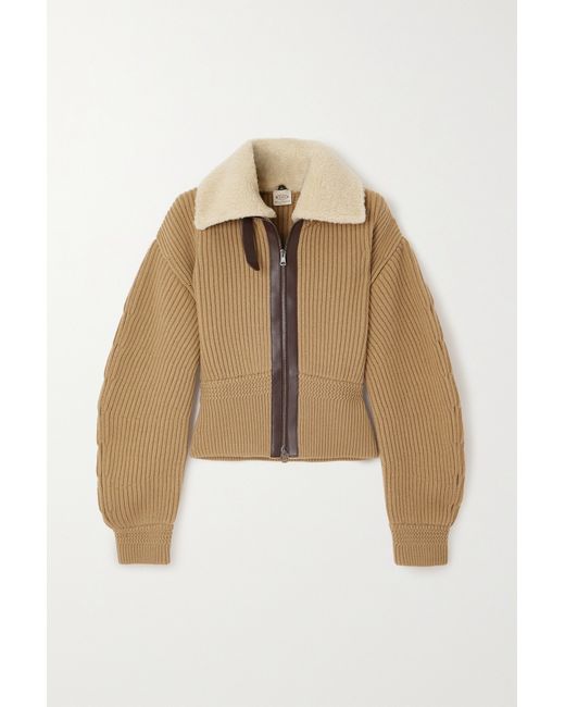 Tod's Faux Shearling And Leather-trimmed Ribbed Wool Cardigan Tan