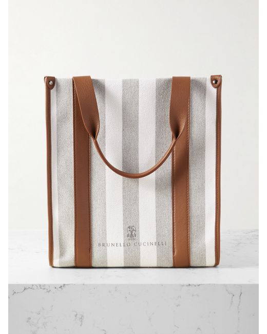Brunello Cucinelli Leather-trimmed Striped Canvas Tote Bag