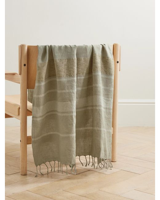 Brunello Cucinelli Fringed Striped Metallic Linen-blend Blanket