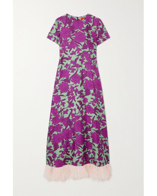 La Double J. Swing Feather-trimmed Floral-print Silk-twill Maxi Dress
