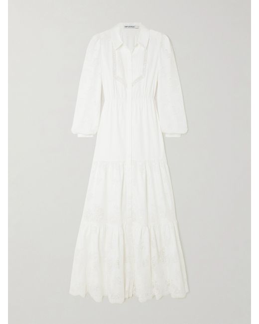 Self-Portrait Tiered Pintucked Lace-trimmed Cotton-poplin Maxi Dress