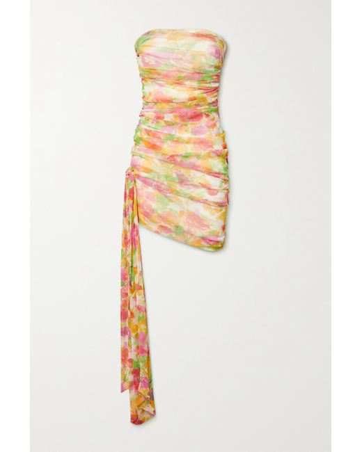 Saint Laurent Strapless Asymmetric Ruched Floral-print Tulle Mini Dress Blush