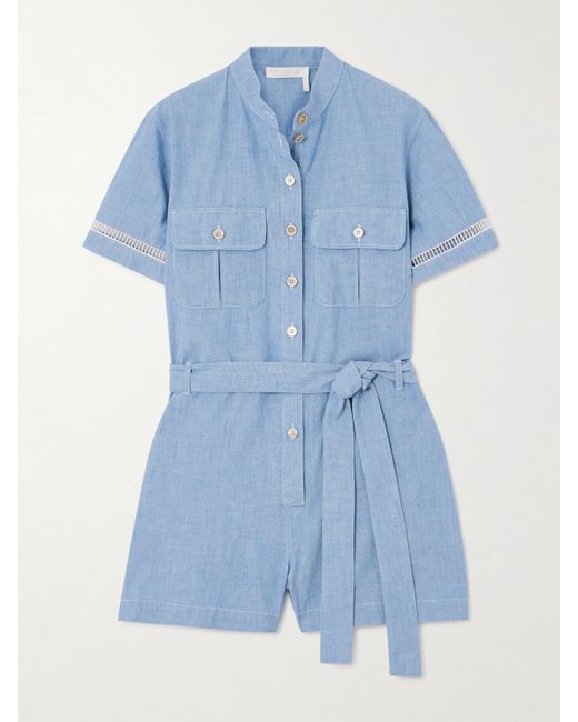 Chloé Belted Crochet-trimmed Cotton-chambray Playsuit Navy