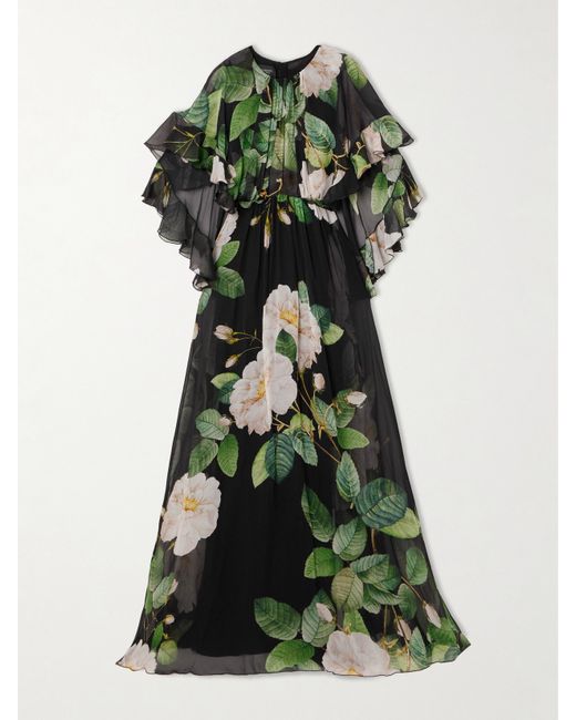 Giambattista Valli Cape-effect Pleated Ruffled Floral-print Silk-chiffon Gown