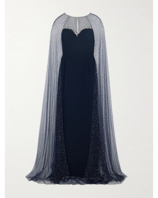 Jenny Packham Cordelia Cape-effect Crystal-embellished Tulle And Stretch-crepe Gown Navy
