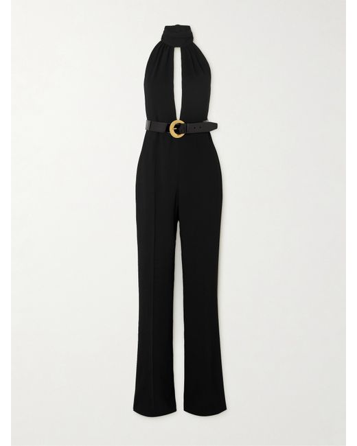 Tom Ford Leather-trimmed Cutout Stretch-jersey Halterneck Jumpsuit