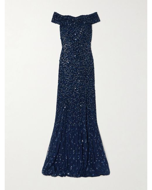 Jenny Packham Buttercup Off-the-shoulder Embellished Sequined Tulle Gown Navy