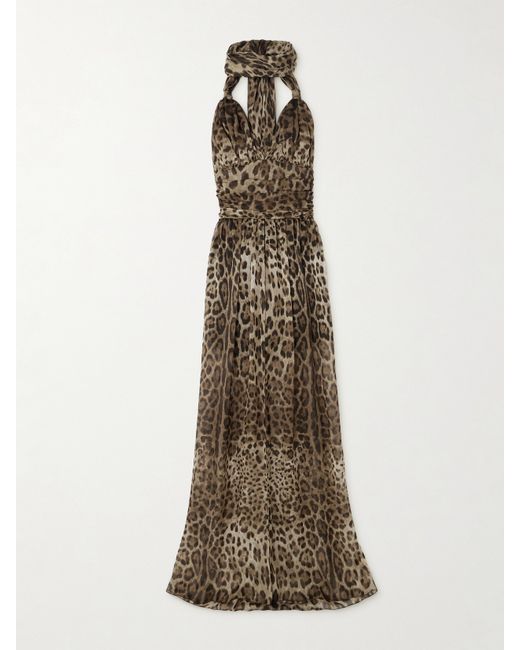 Dolce & Gabbana Scarf-detailed Smocked Leopard-print Silk-chiffon Gown Leopard print