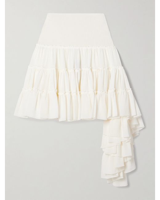 Loewe Ribbed Jersey-trimmed Ruffled Silk-crepe Mini Skirt