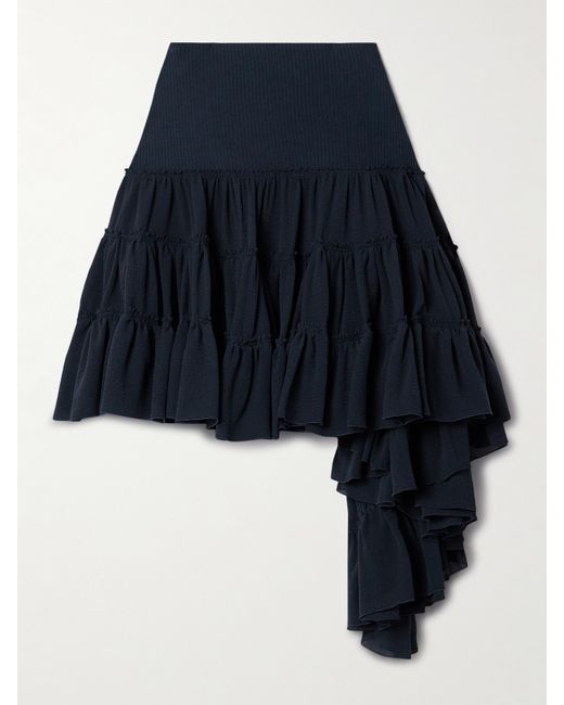 Loewe Ribbed Jersey-trimmed Ruffled Silk-crepe Mini Skirt Navy