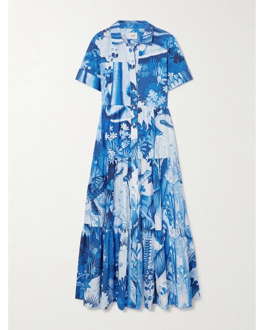 Erdem Gathered Tiered Floral-print Cotton-poplin Midi Shirt Dress
