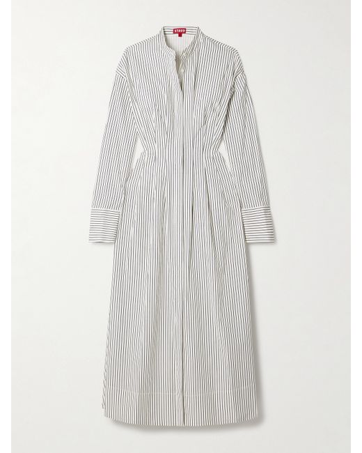 Staud Lorenza Pleated Striped Cotton-blend Midi Dress