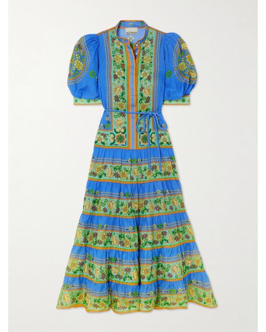 Alémais Linda Belted Tiered Printed Ramie Midi Dress