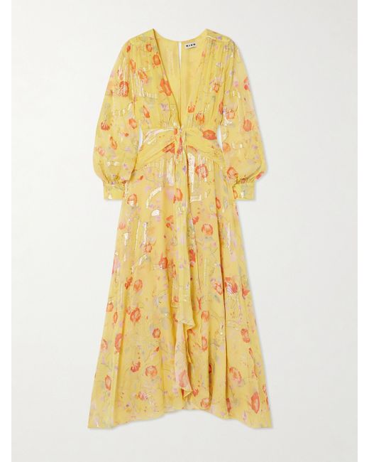 rixo Meera Gathered Floral-print Metallic Fil Coupé Silk-blend Maxi Dress