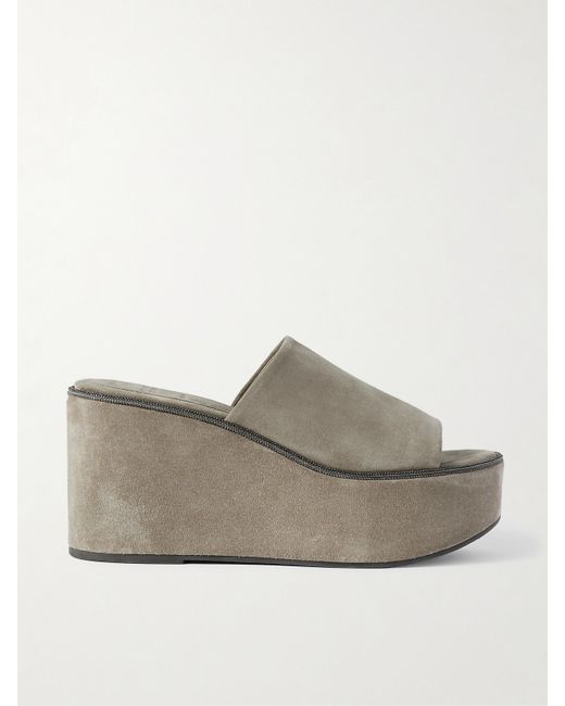 Brunello Cucinelli Bead-embellished Suede Wedge Mules