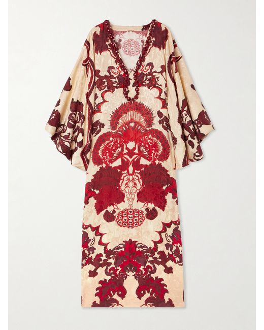 Johanna Ortiz Mito Romantico Draped Embellished Printed Silk-jacquard Maxi Dress