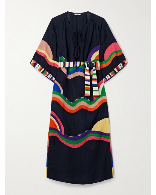 Eres Panorama Horizon Belted Embroidered Linen Midi Dress Navy