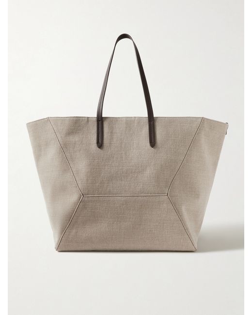 Brunello Cucinelli Leather-trimmed Bead-embellished Cotton And Linen-blend Canvas Tote Taupe