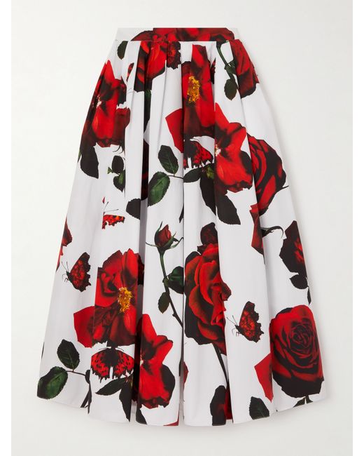 Alexander McQueen Pleated Floral-print Cotton-poplin Midi Skirt