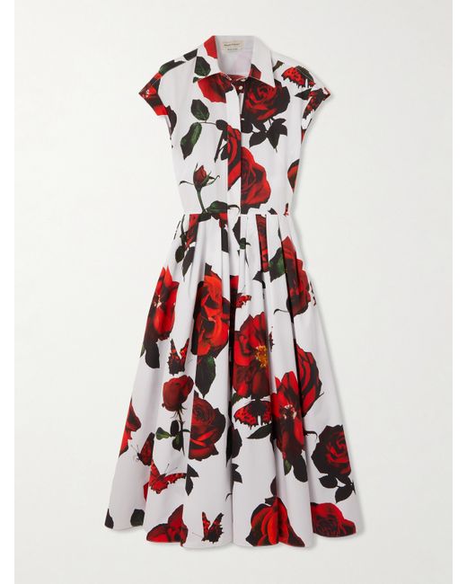 Alexander McQueen Pleated Floral-print Cotton-poplin Midi Shirt Dress