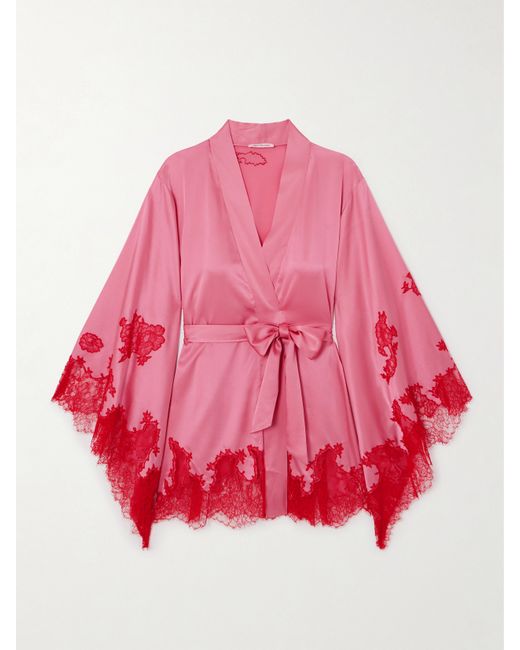 Agent Provocateur Christi Belted Leavers Lace-trimmed Silk-blend Satin Robe