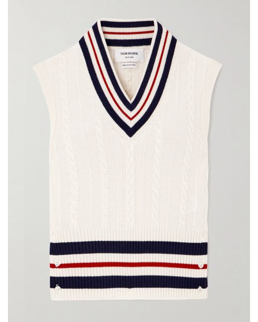 Thom Browne Button-detailed Striped Cable-knit Cashmere Vest