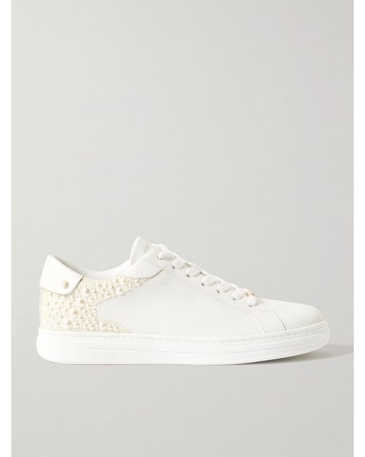 Jimmy Choo Rome Faux Pearl-embellished Canvas And Leather Sneakers