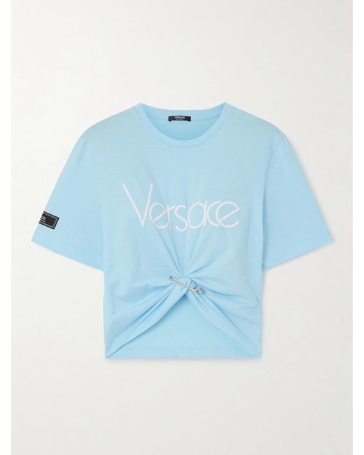 Versace Cropped Embellished Knotted Cotton-jersey T-shirt